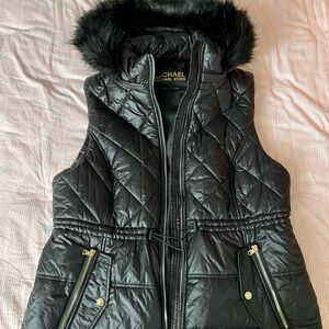 Michael Kors Women's Black Puffer Vest with Fur Trim
